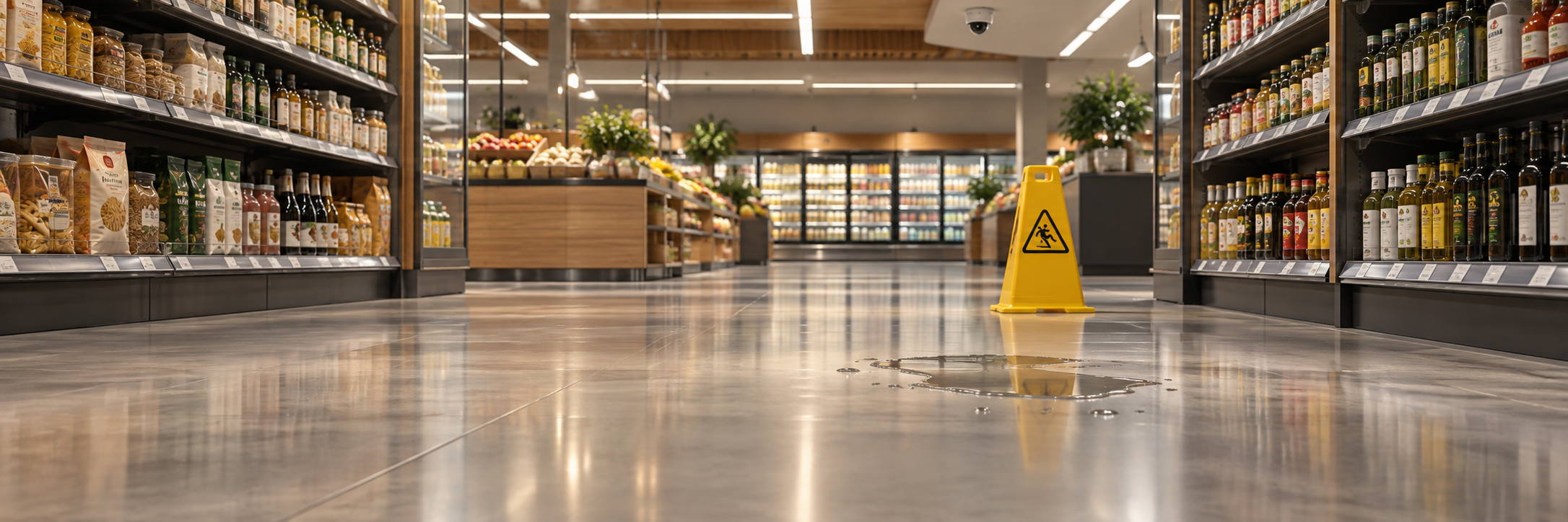 supermarket spill, warning cone and security camera.