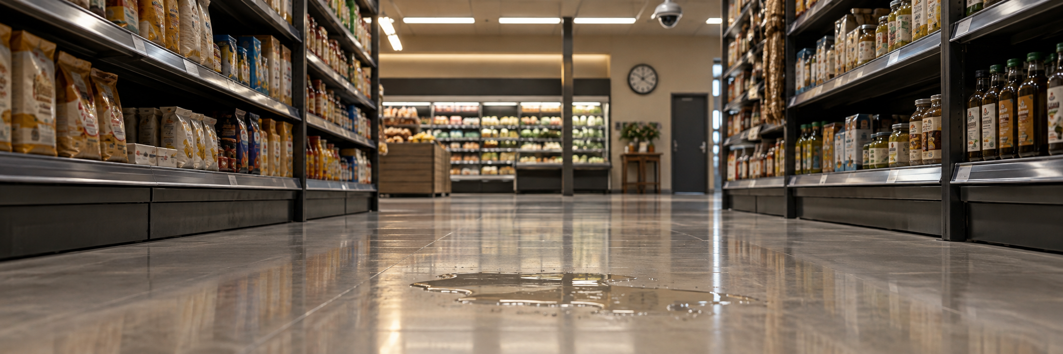 Illustration of a supermarket spill with a wall clock and security camera in the aisle.