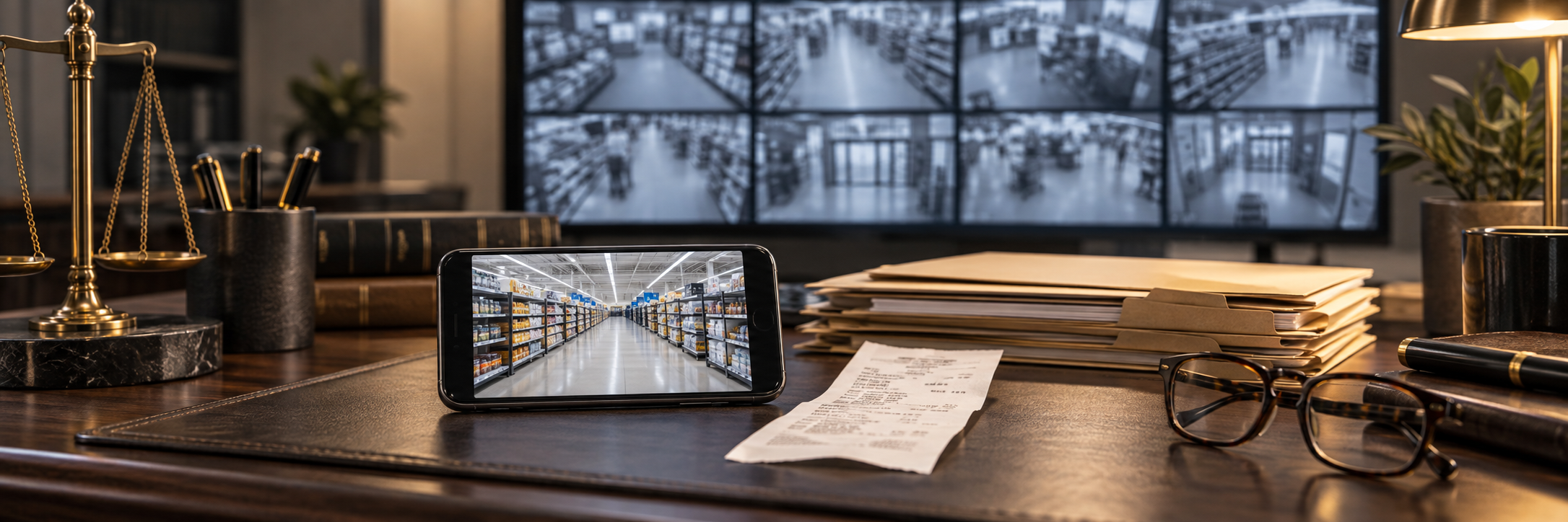 Illustration of a legal desk with a receipt, evidence folders and a phone displaying a supermarket aisle.