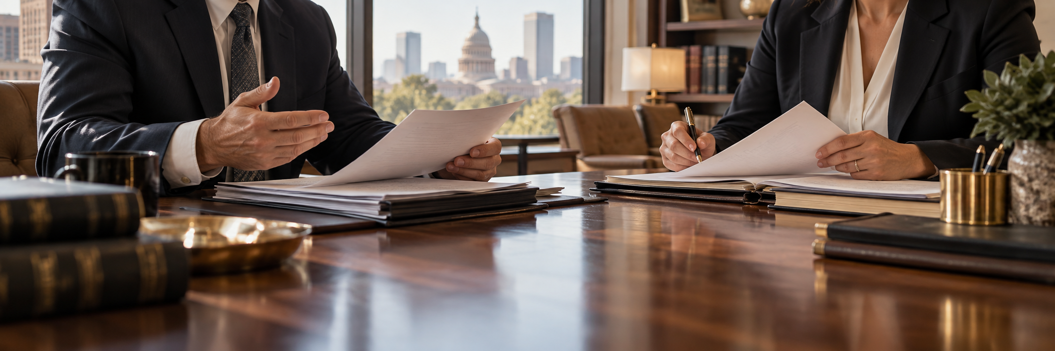 Illustration of two legal professionals reviewing documents at a conference table.