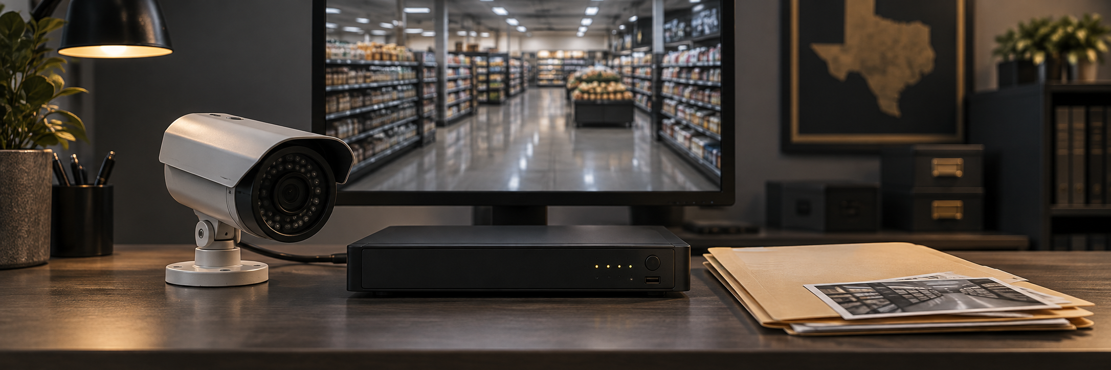 Surveillance camera, video recorder and evidence folder beside a grocery aisle monitor