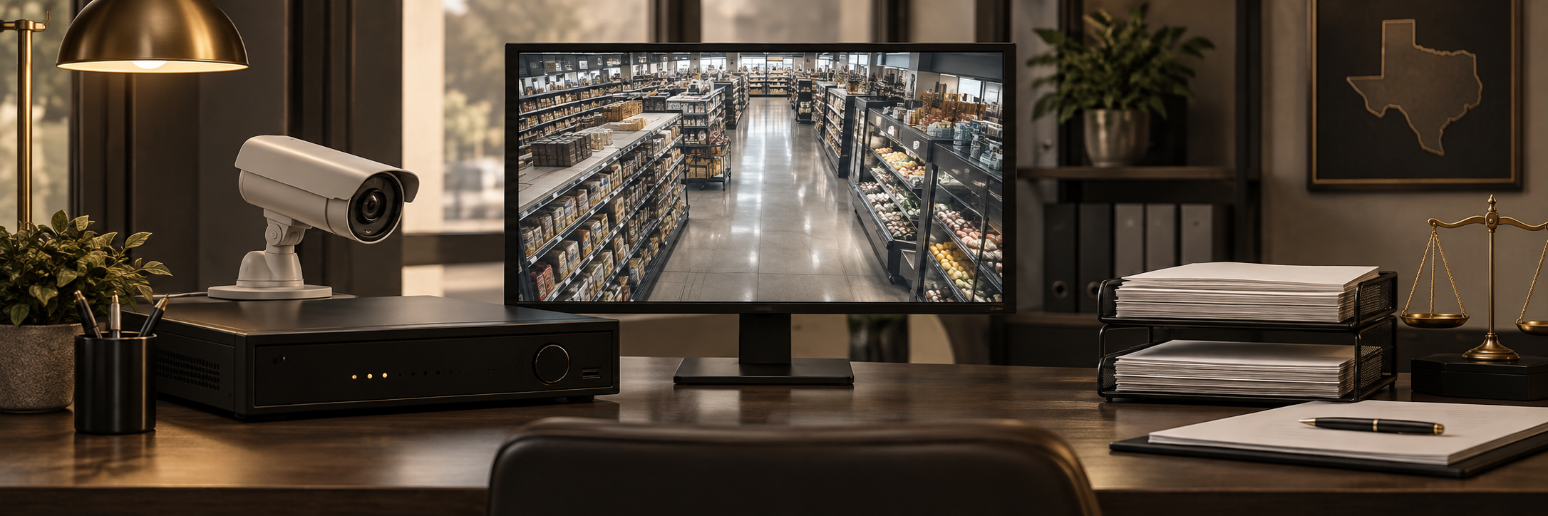 Surveillance equipment and grocery aisle footage beside legal request documents