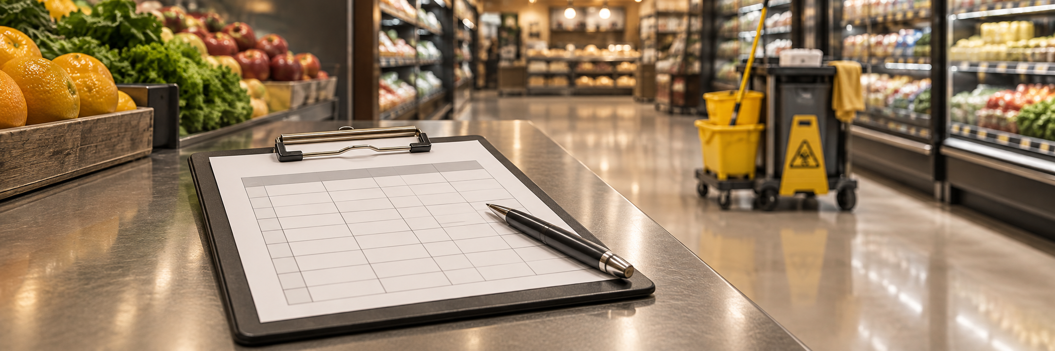 Inspection clipboard and pen beside a grocery aisle with cleaning equipment