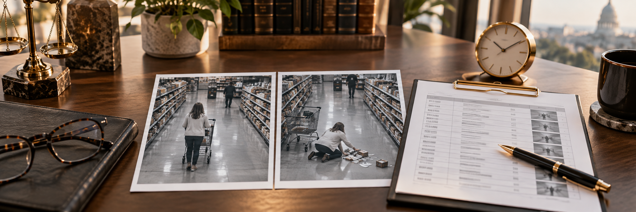 Store-aisle photographs beside a clock, records and a pen on a desk.