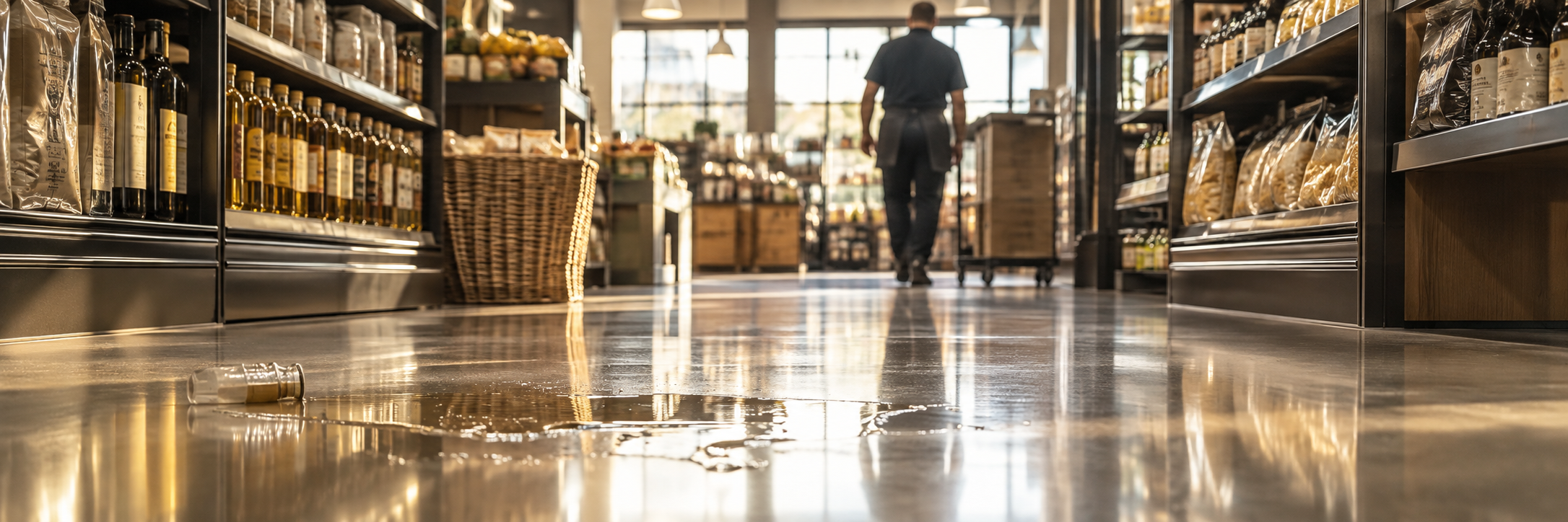 A spill and fallen bottle on a store-aisle floor, with a person and stock cart farther down the aisle.