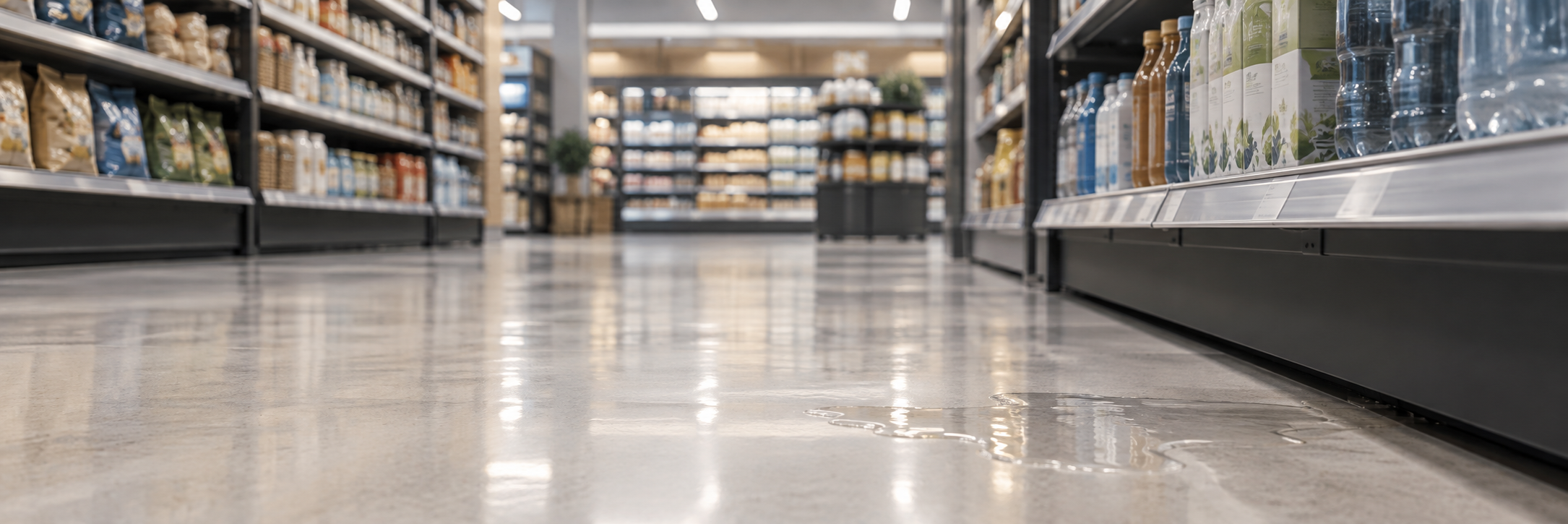 Conceptual view of a clear spill and overhead reflections on a supermarket aisle floor.