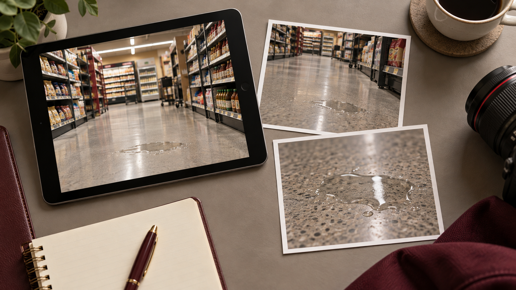 Conceptual illustration of unmarked wide and close photographs of a supermarket floor spill.