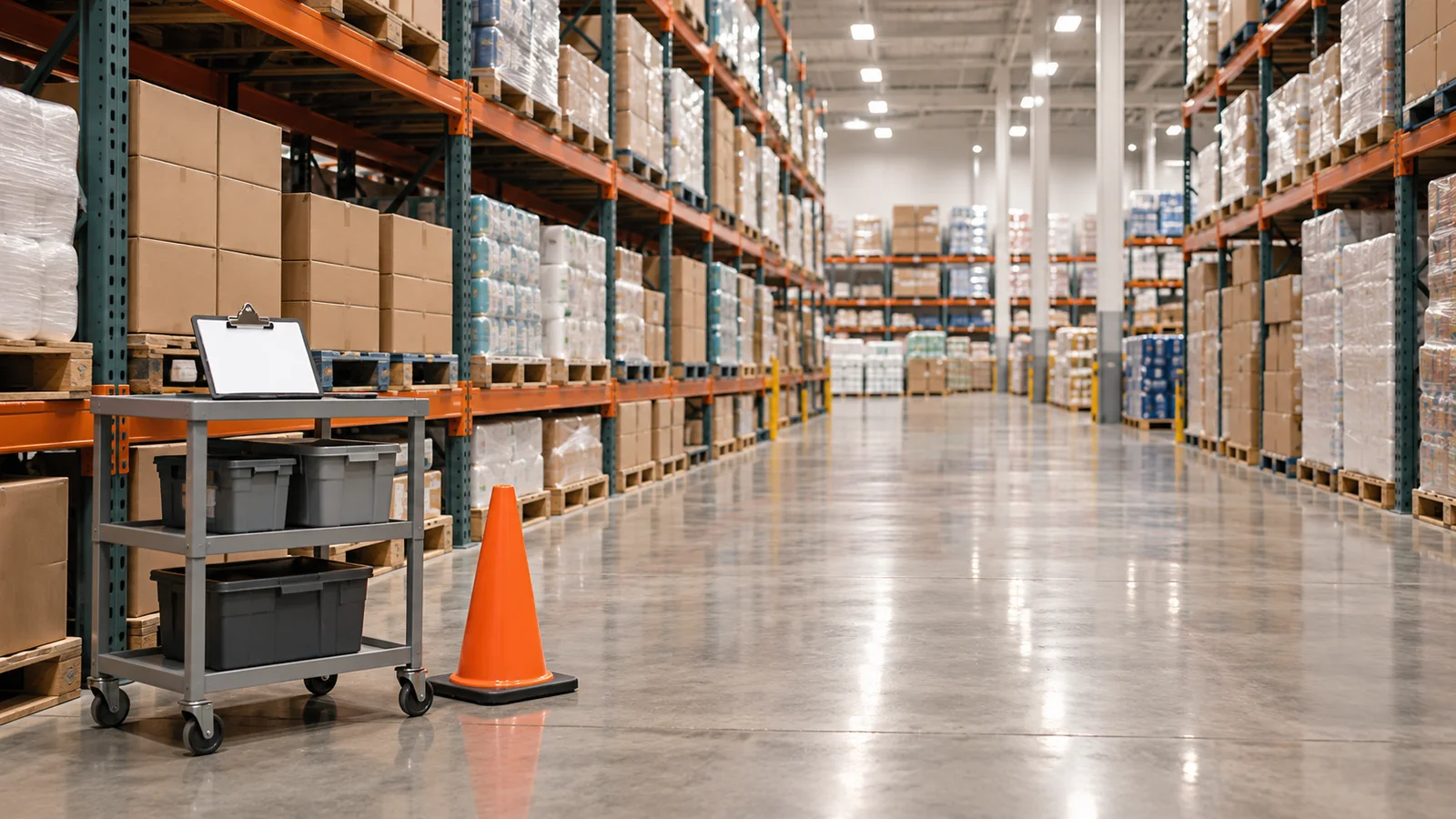 Illustrative warehouse-club aisle with a floor-inspection cart and safety cone.