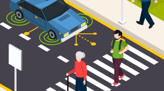 Pedestrians crossing a street at a crosswalk with vehicles nearby