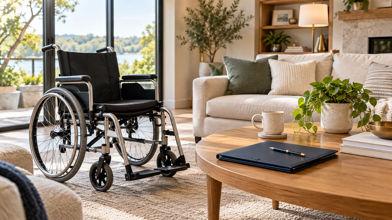 Illustrative accessible home setting with a wheelchair and care-planning folder.