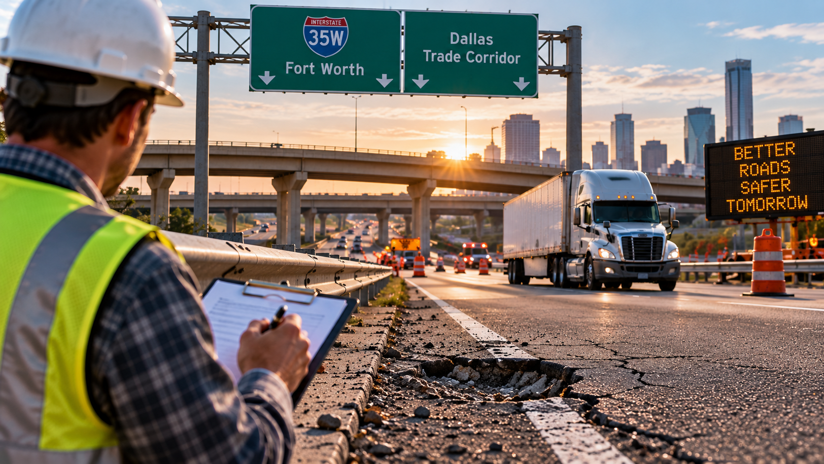 Conceptual illustration of a roadway inspection near commercial truck traffic in North Texas