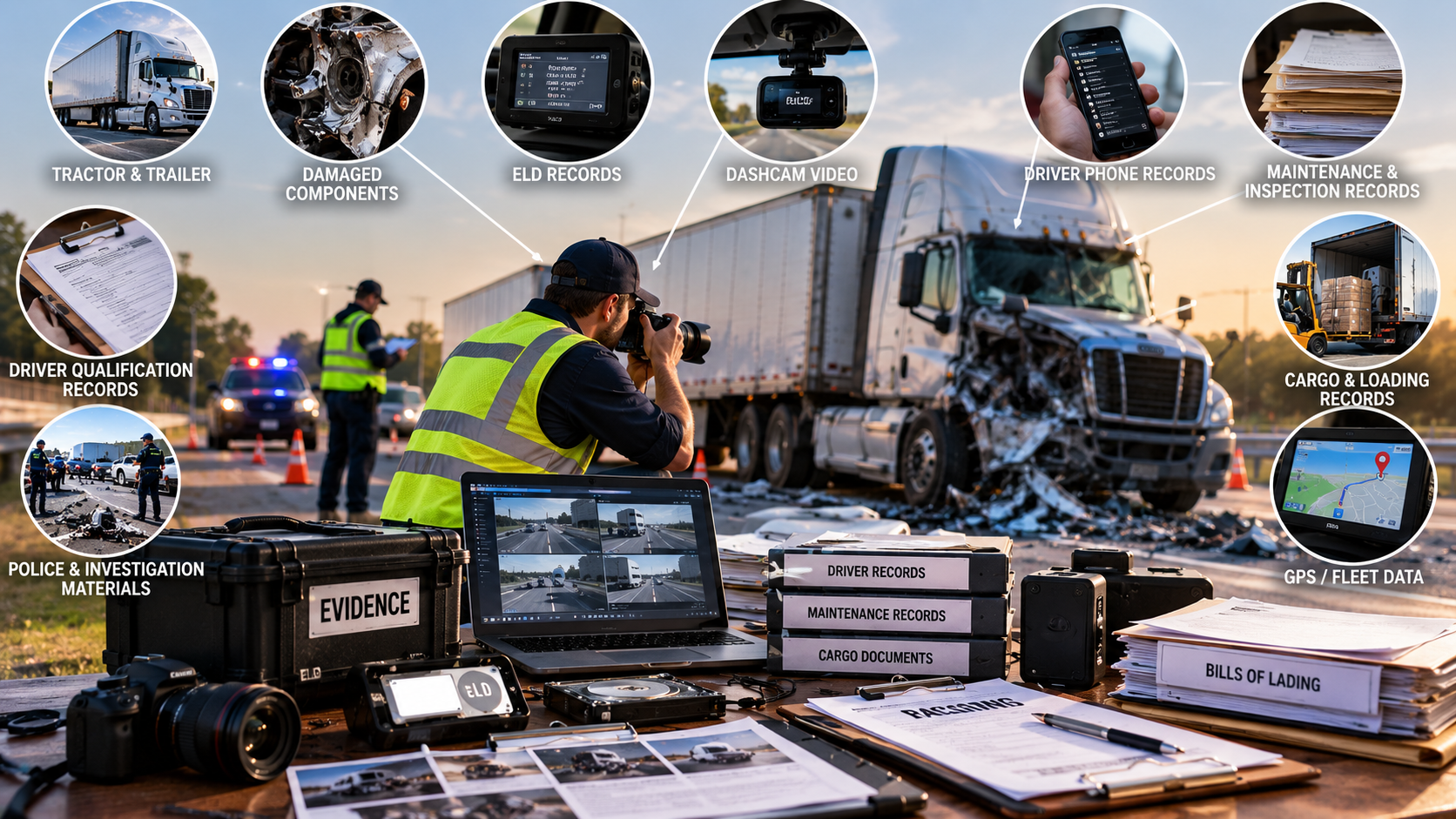 Illustrated guide to truck accident evidence, including vehicle components, electronic records, cargo documents and witness materials