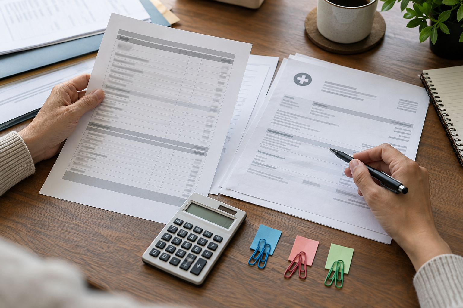 Hands comparing a closing statement with medical billing paperwork beside a calculator.