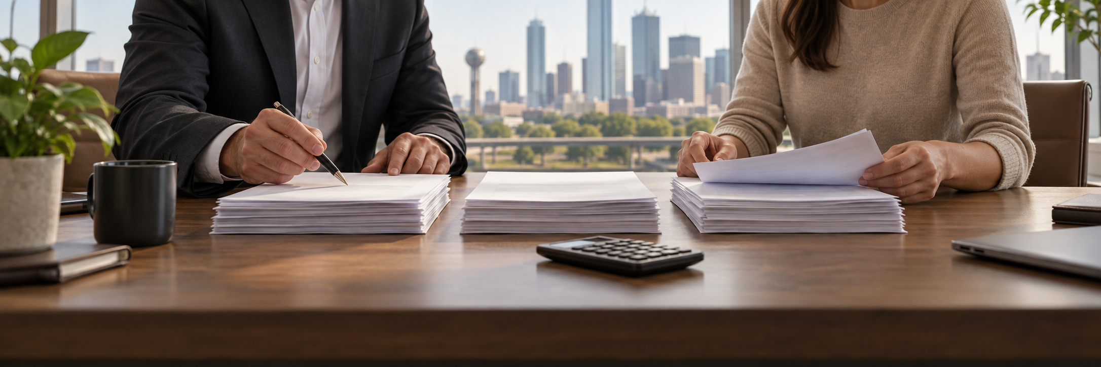 Two people reviewing settlement paperwork beside a calculator in an office.