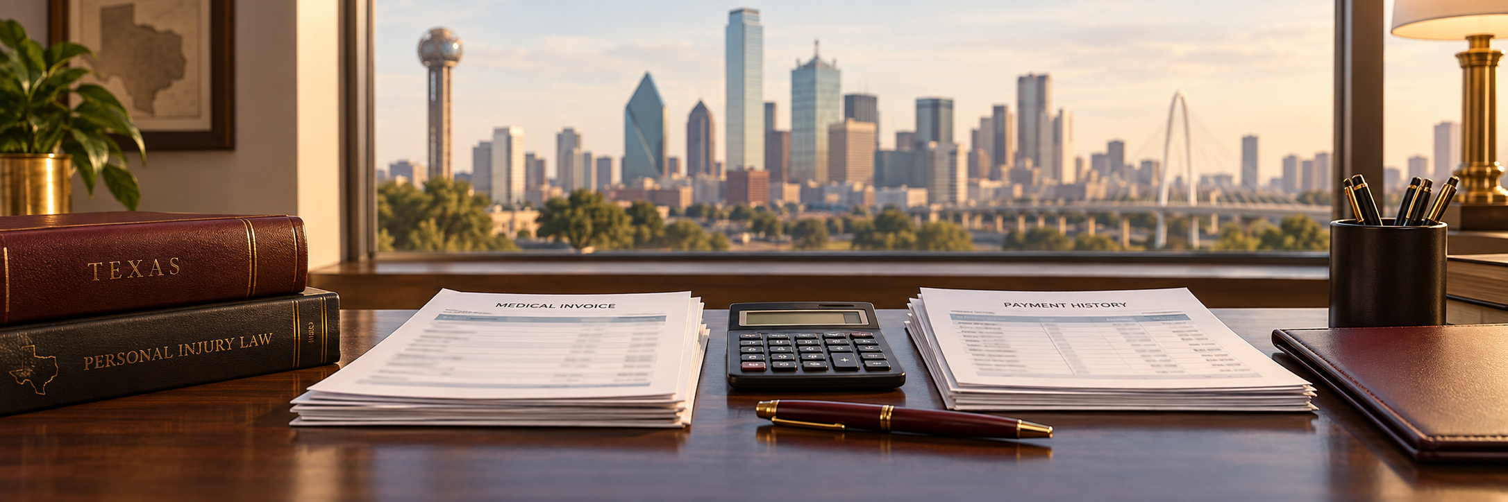 Medical billing records and a calculator on a law office desk overlooking Dallas.