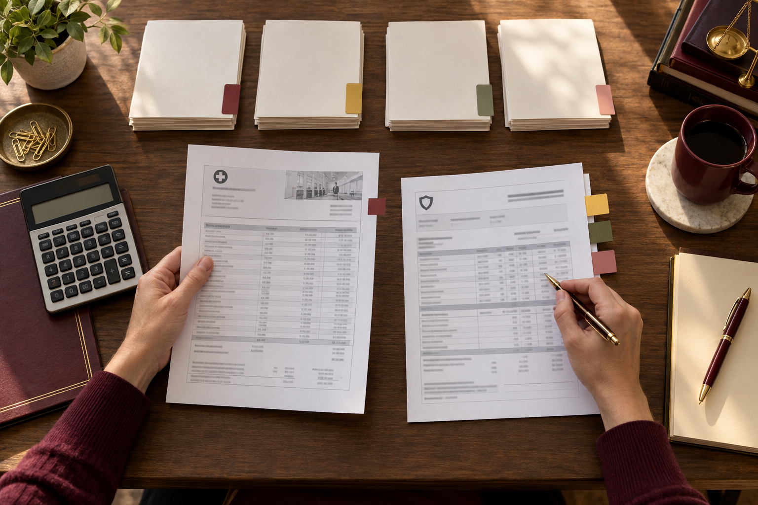 Conceptual review of itemized medical cost records and settlement paperwork