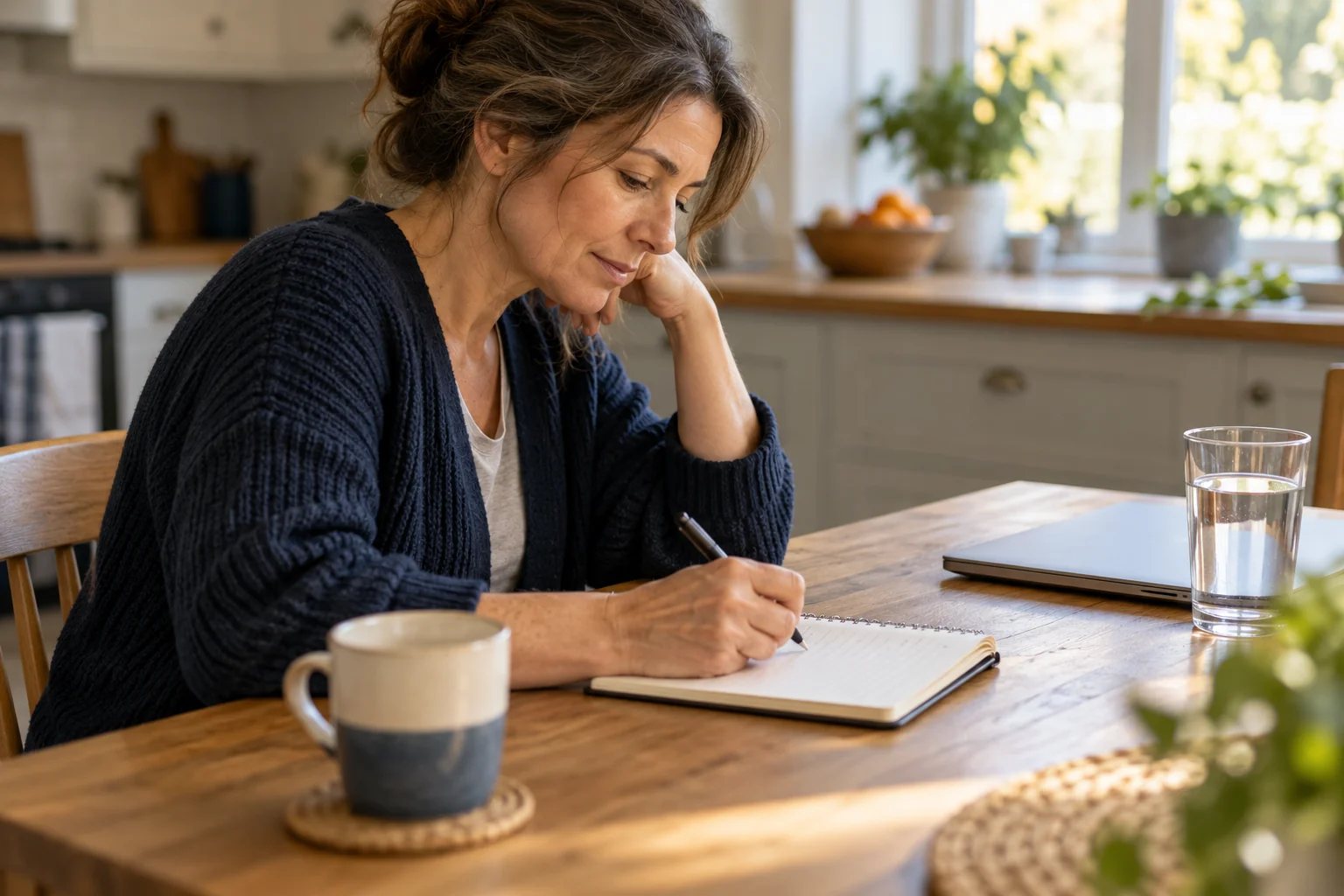 Adult writing in a notebook at a kitchen table.