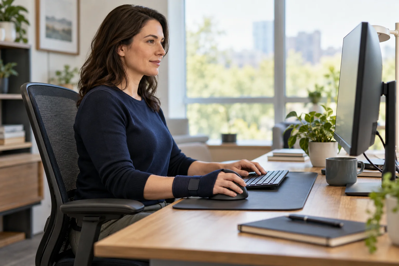 Office worker wearing a wrist brace and using a mouse and keyboard.