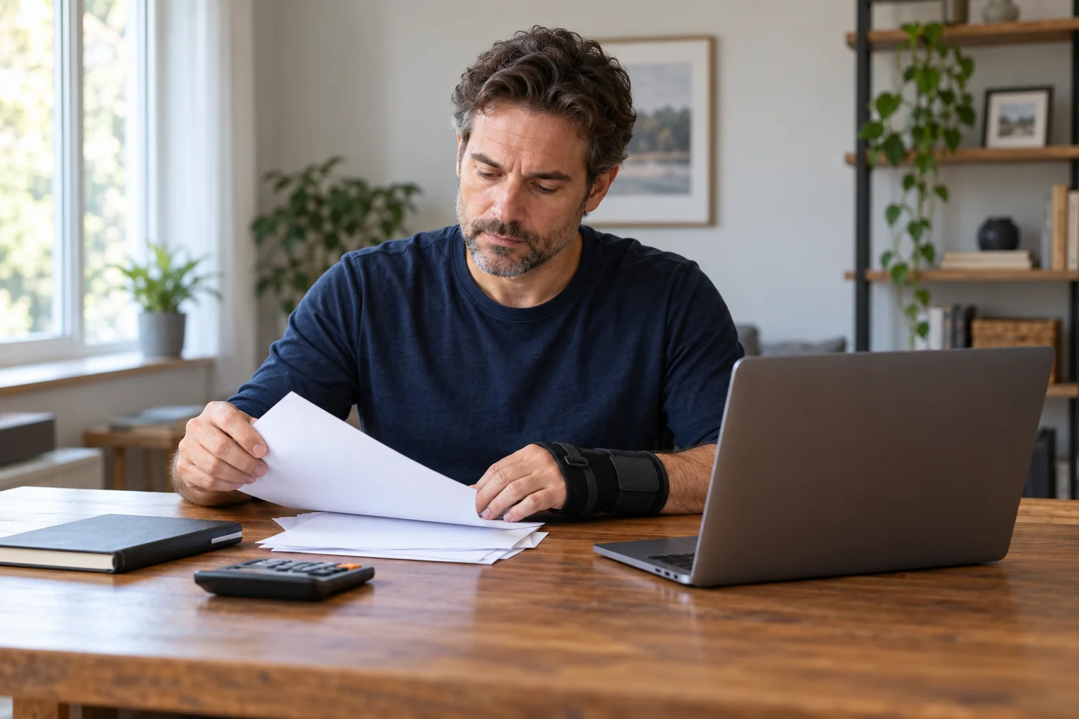 Man wearing a wrist brace and organizing papers at a desk.