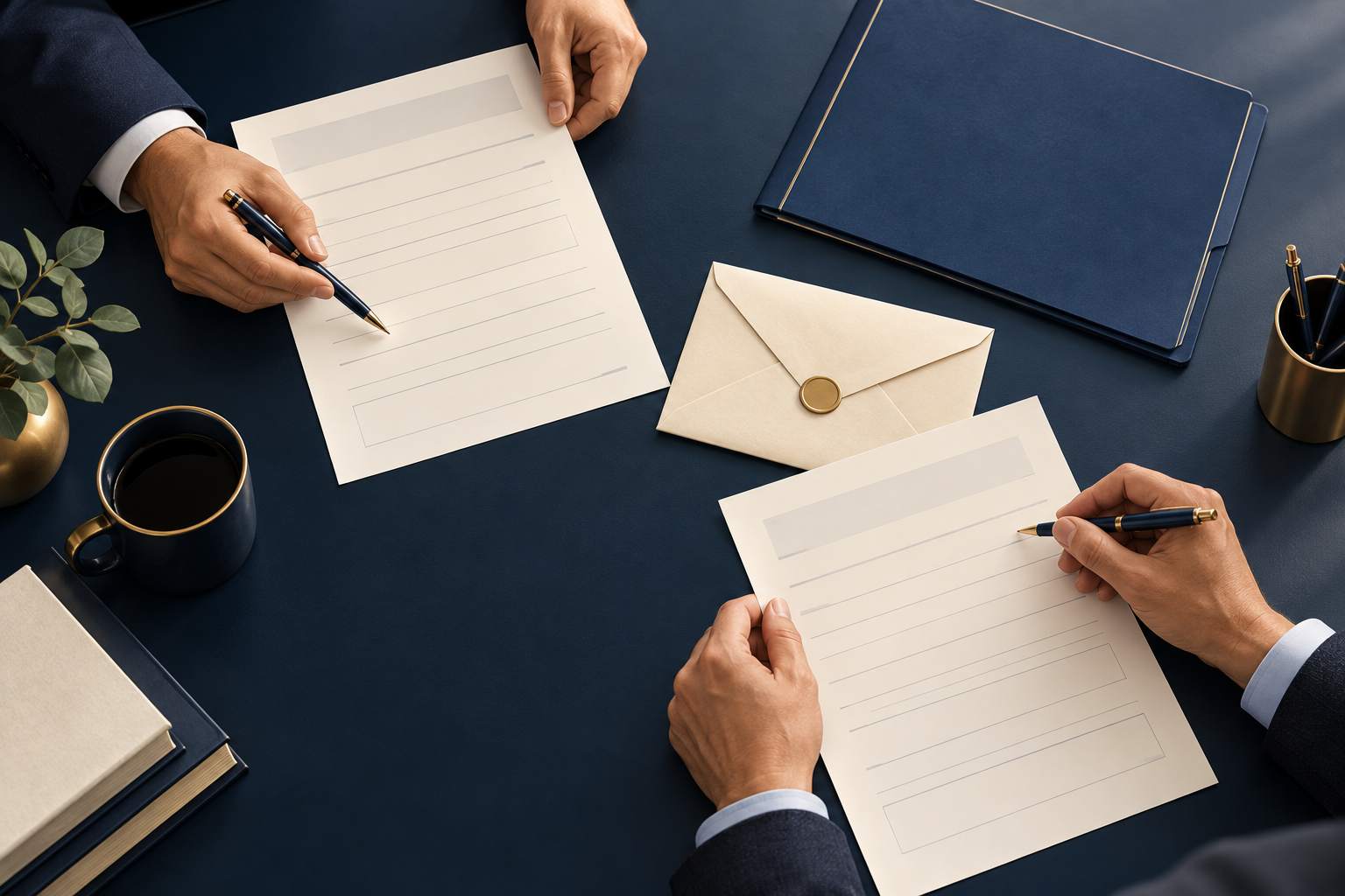 Conceptual illustration of anonymous professionals reviewing blank forms beside a sealed envelope.