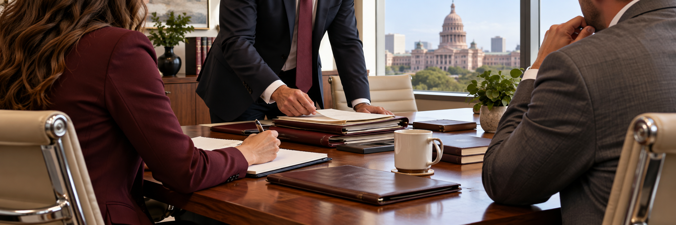 Legal team discussing case assignments around an office conference table.