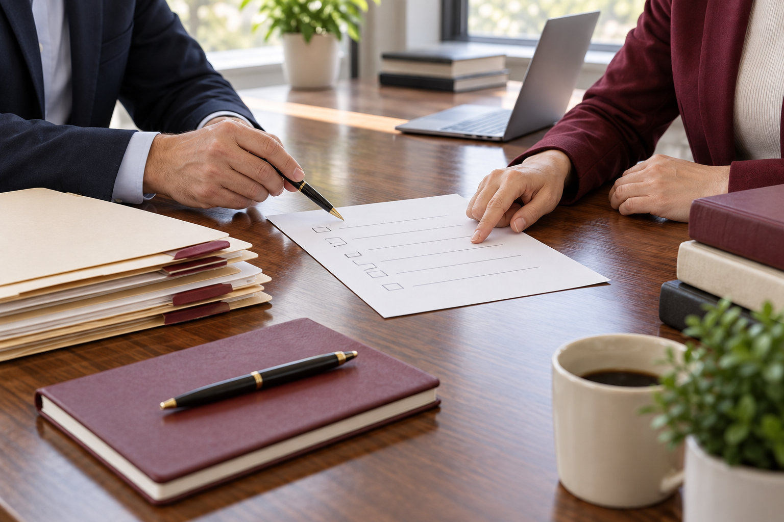 Two people review a case-assignment checklist beside organized folders.