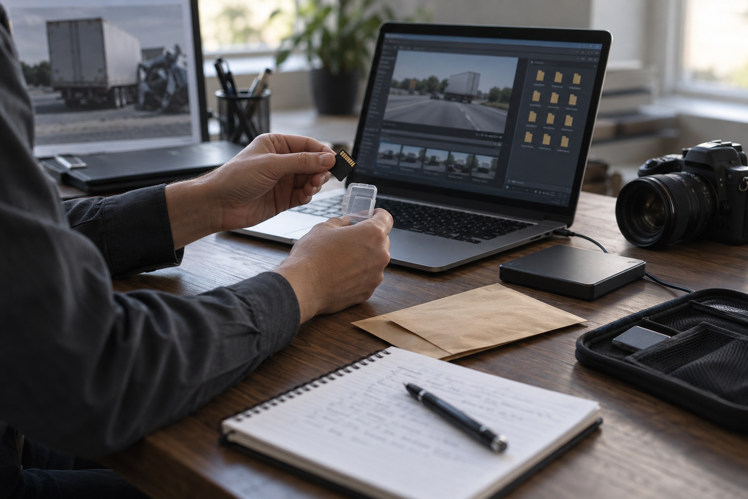 A person placing a camera memory card in a protective case beside a laptop and storage drive.