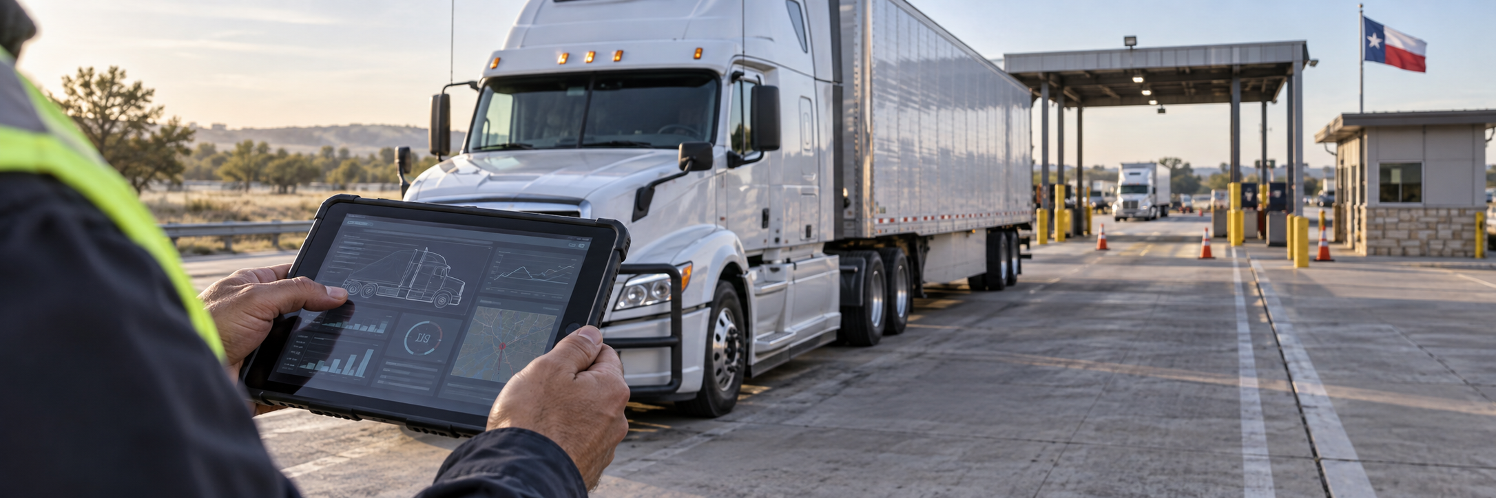 An investigator reviewing vehicle information beside a parked commercial truck.