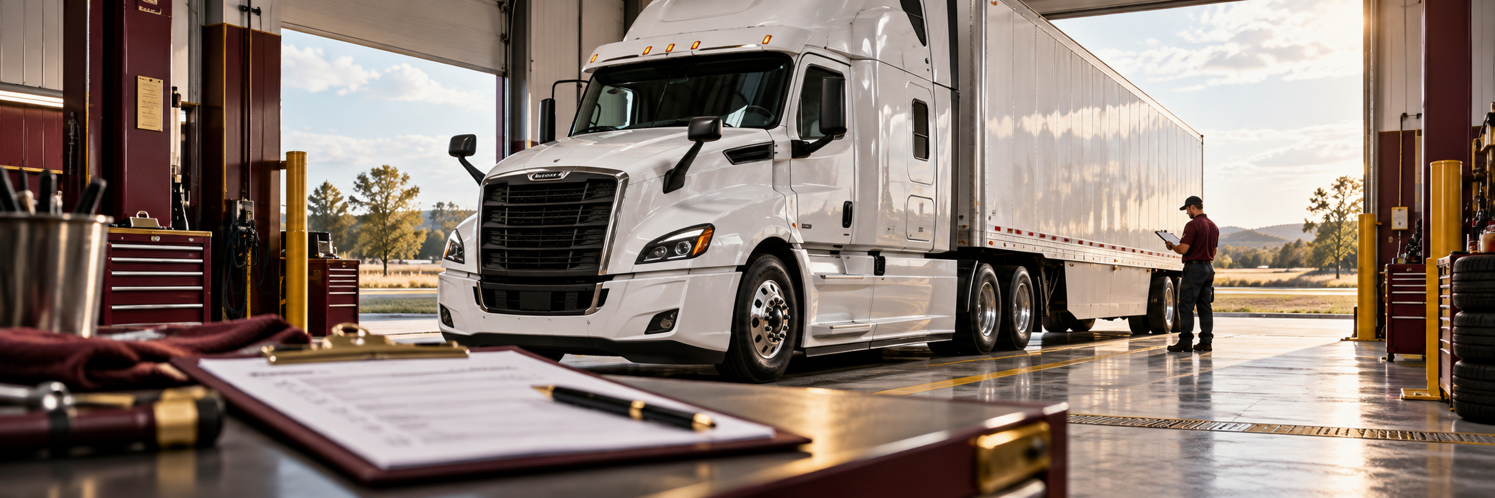 Commercial truck in an inspection bay beside a clipboard of safety records.