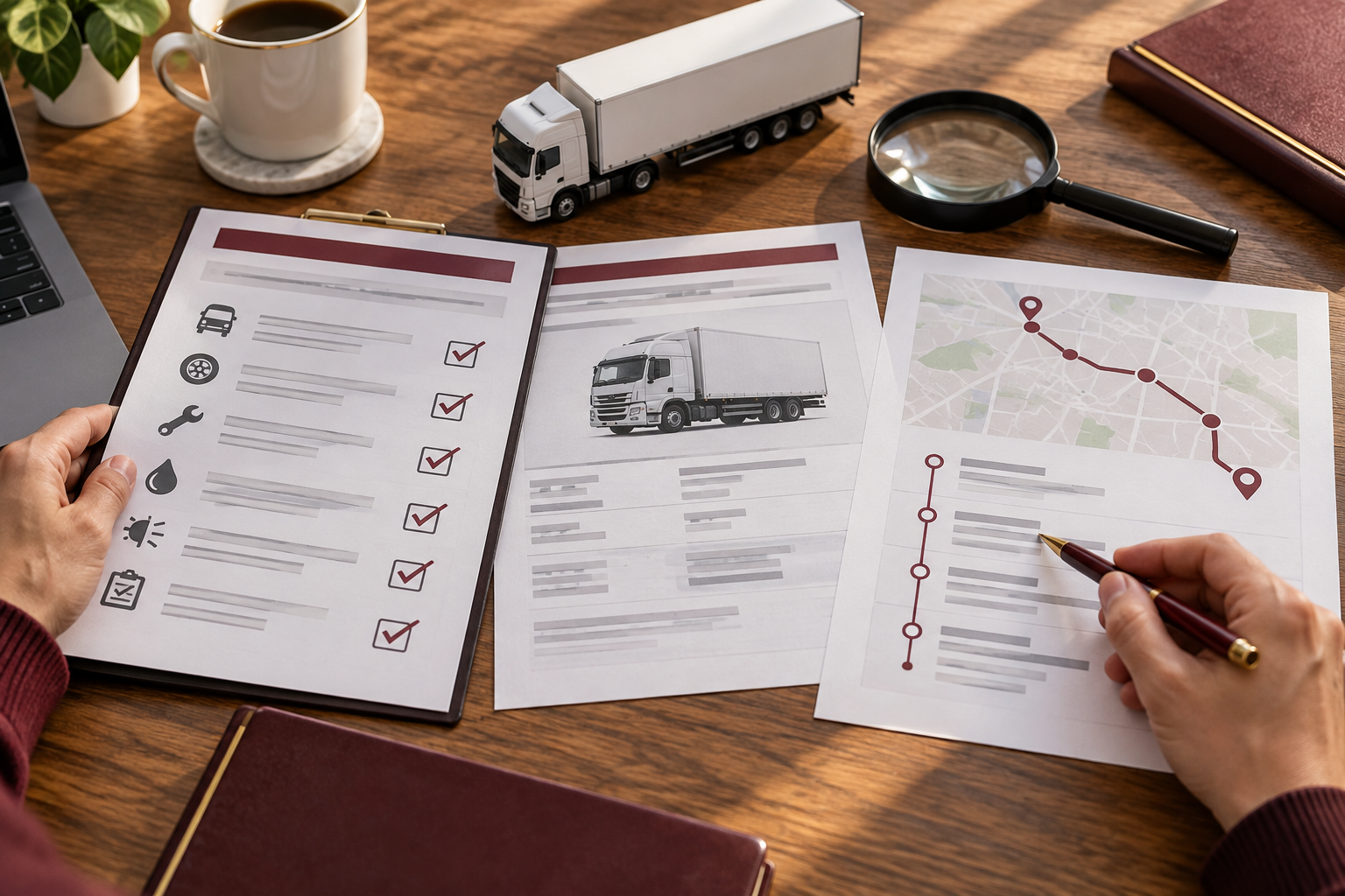 Hands reviewing commercial truck inspection and registration records beside a model truck.