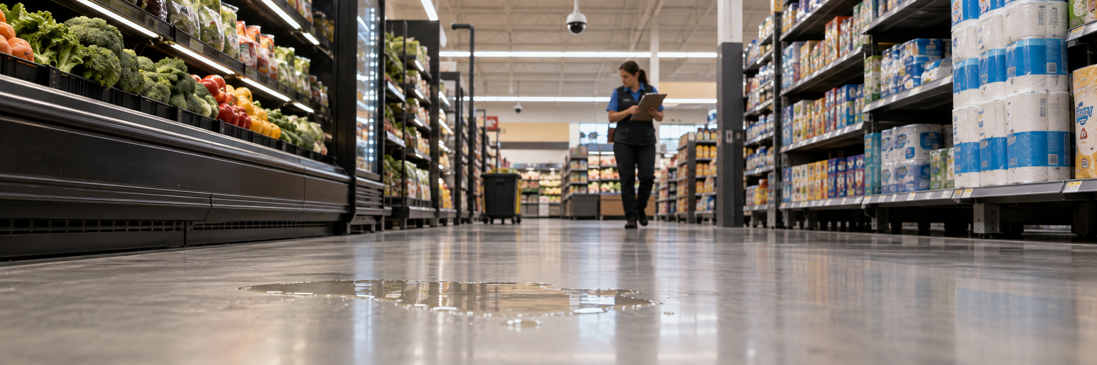 Water spill in a grocery aisle with a distant employee and overhead surveillance camera.