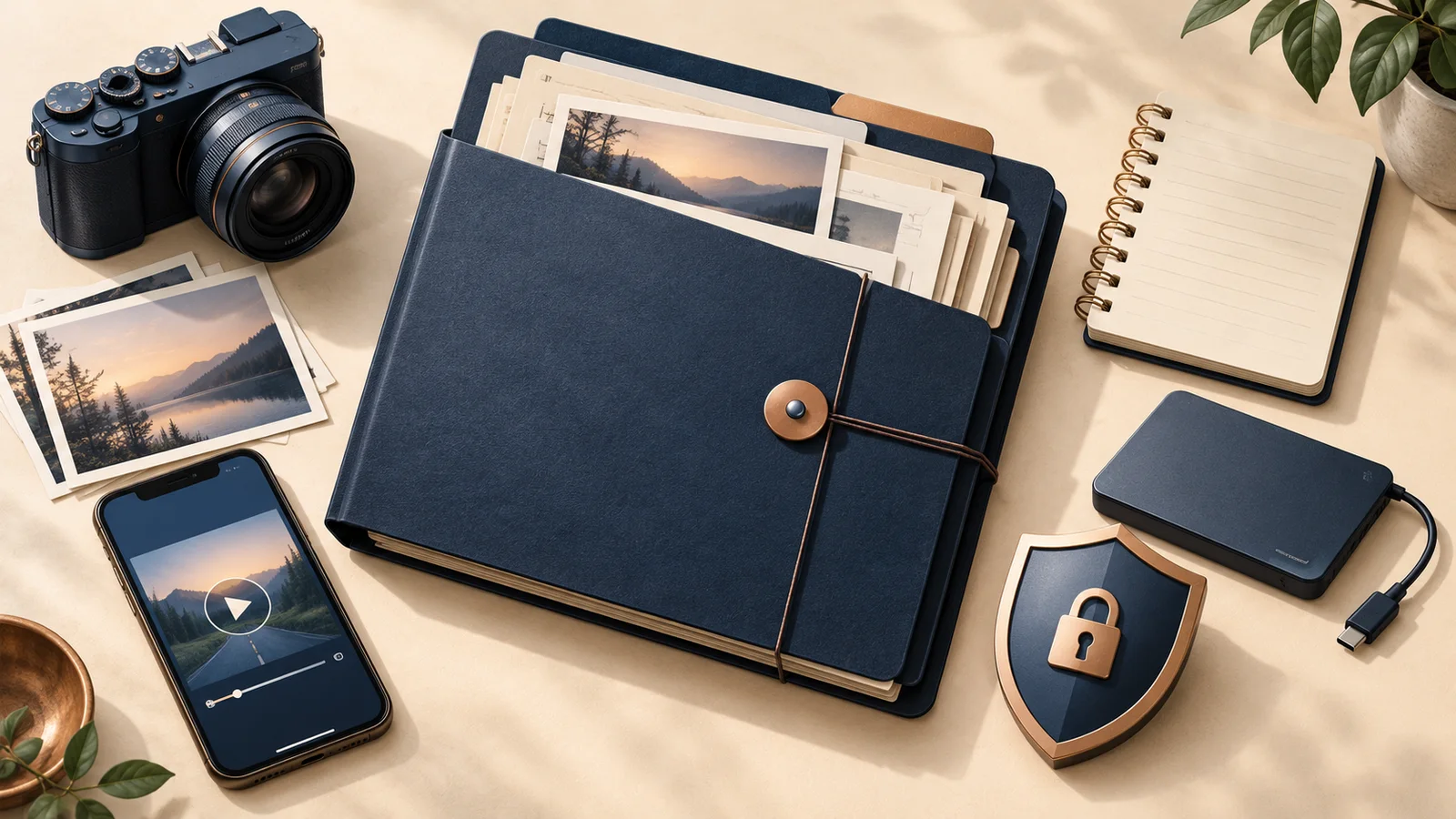 Illustration of a case folder, photographs, video, notes and digital storage representing preserved evidence.