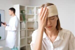 Woman holding her head with a bandage during a medical evaluation, illustrating a brain injury settlement claim after an accident