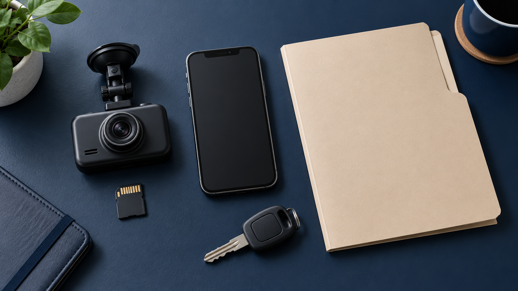 A dash camera, memory card, smartphone, folder and car key arranged on a desk.
