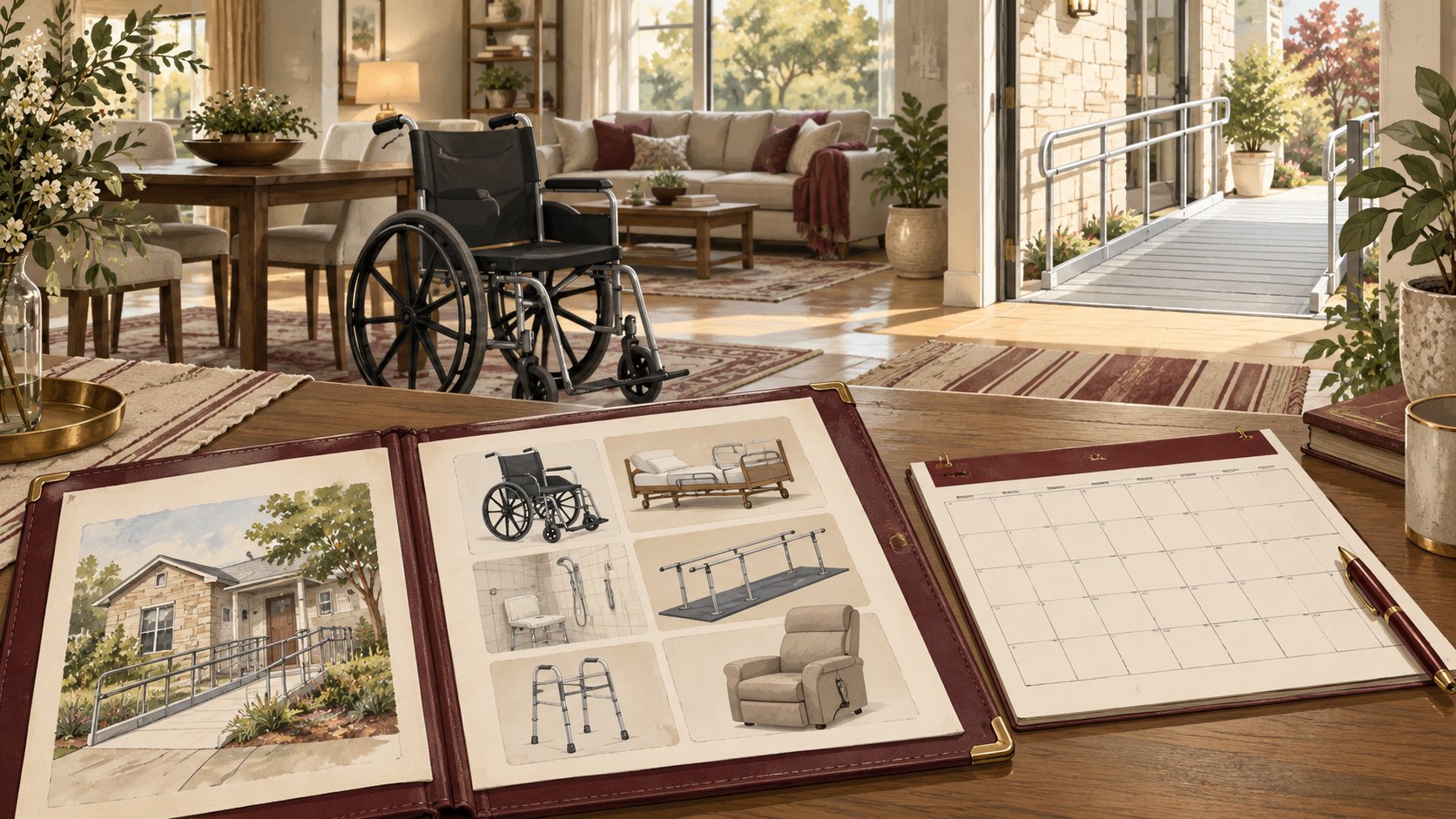 Illustration of a future-care planning binder with mobility equipment and accessible-home ideas.