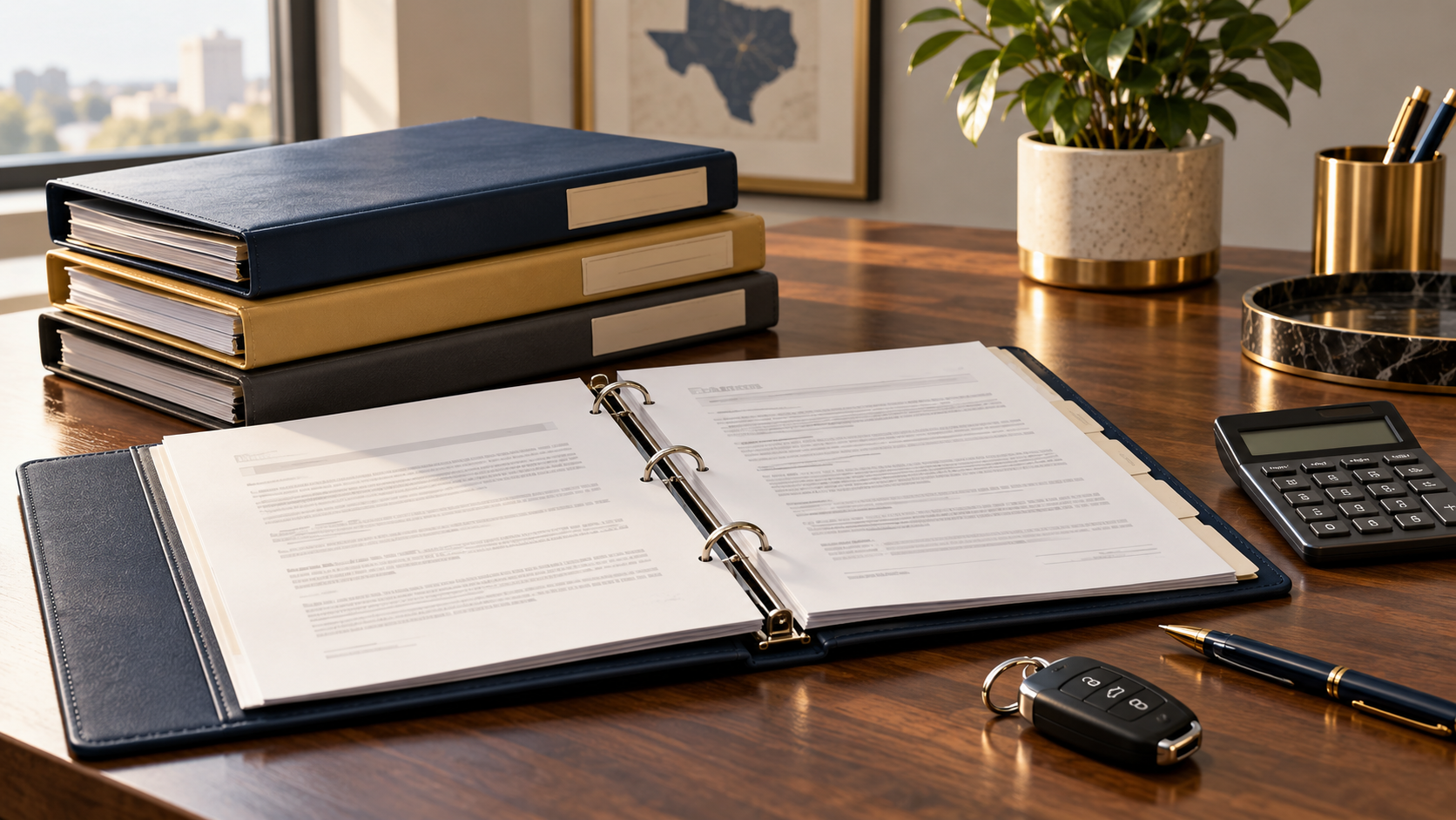 An open document binder, three closed binders, a calculator, a car key and a pen on a desk.