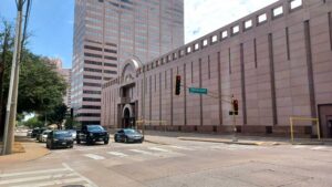 Traffic at a Dallas intersection highlighting pedestrian right-of-way zones.