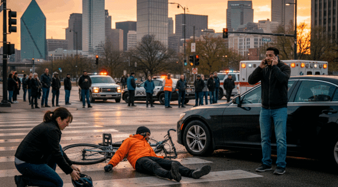A cyclist is sitting on the ground next to a crumpled bicycle after being hit by a car in Dallas, Texas. A police officer is taking notes near the scene while a distressed driver looks on. The image focuses on the immediate aftermath of a bicycle-vehicle collision, highlighting the danger to cyclists on city roads