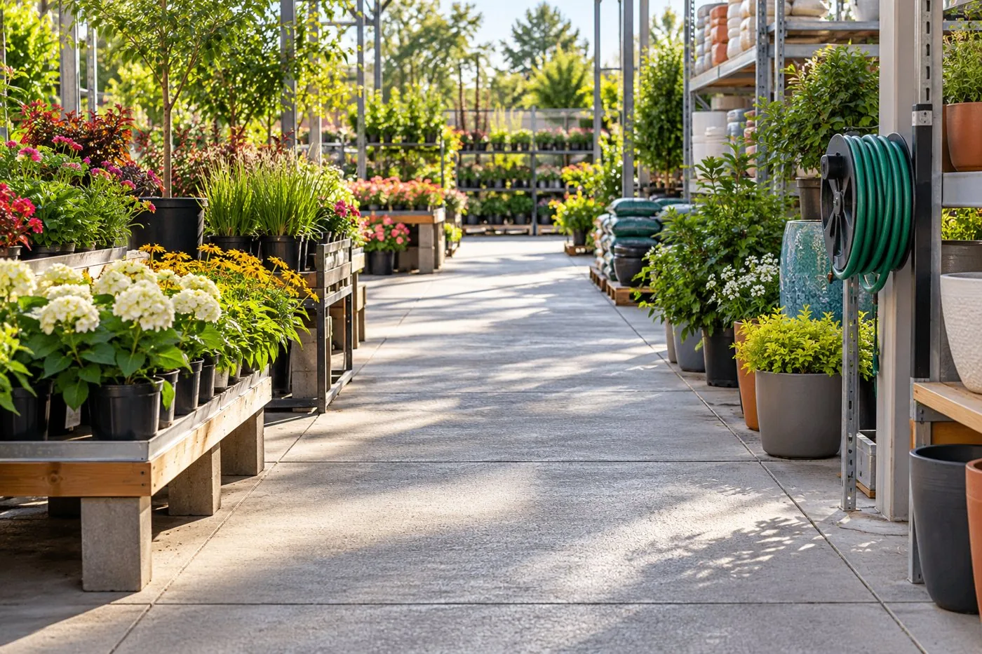 Generic garden-center walkway bordered by plants with a hose stored away from the path.