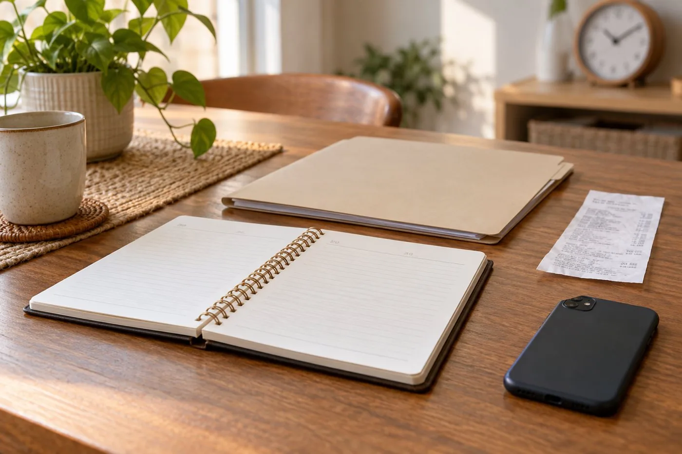 Open notebook, folder, face-down phone, and receipt on a desk, with a wall clock behind.