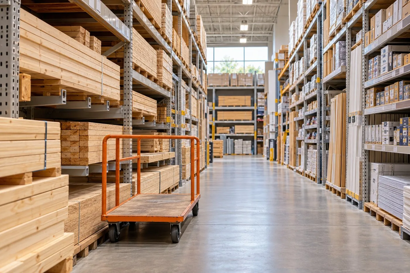 Generic home-improvement aisle with lumber racks, a parked flatbed cart, and a clear walking route.