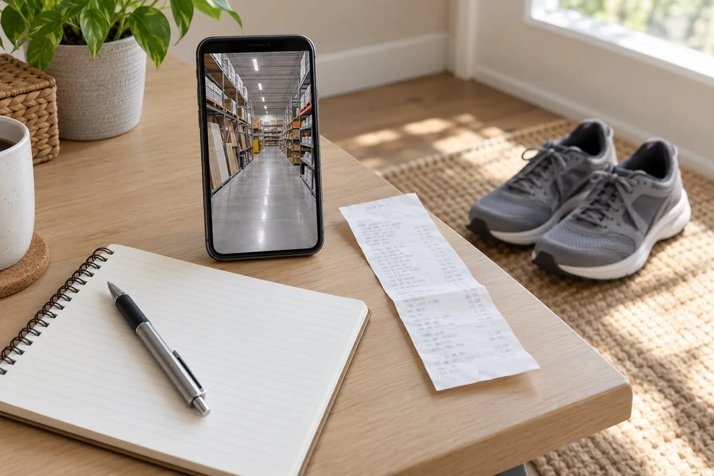 Phone showing a store-aisle photo beside a receipt, a notebook, and a pair of shoes.