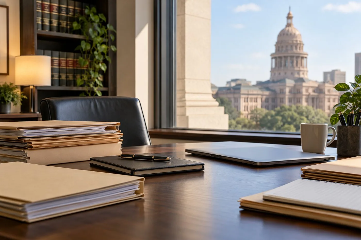 Office desk with stacked folders, a notebook, and a closed laptop, with a window view of a domed capitol-style building.