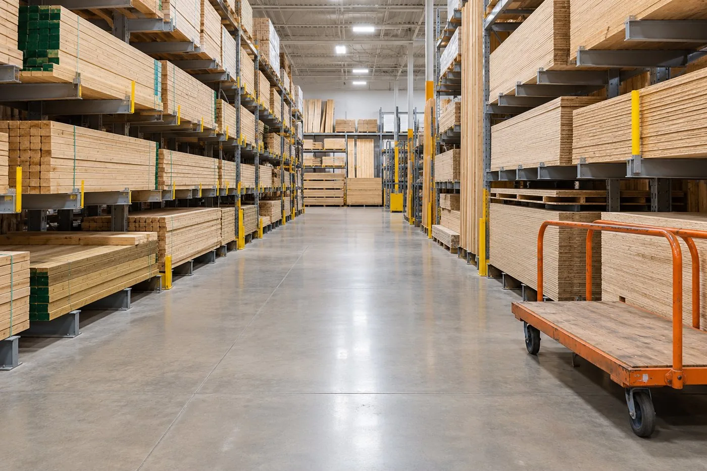 A generic lumber aisle with securely stored materials and a parked flatbed cart beside a clear route.