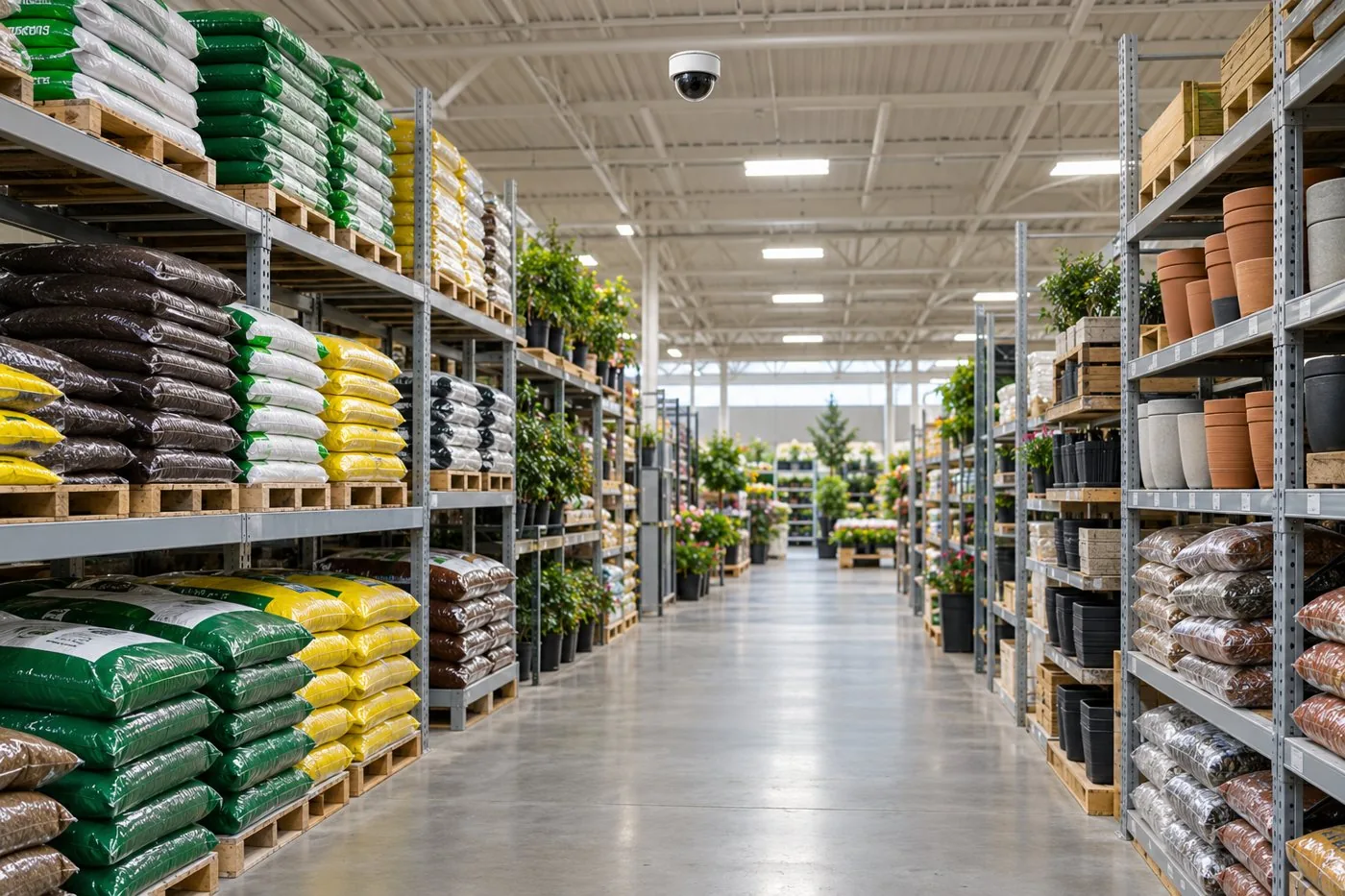 A dome surveillance camera overlooking a generic garden-supply aisle.