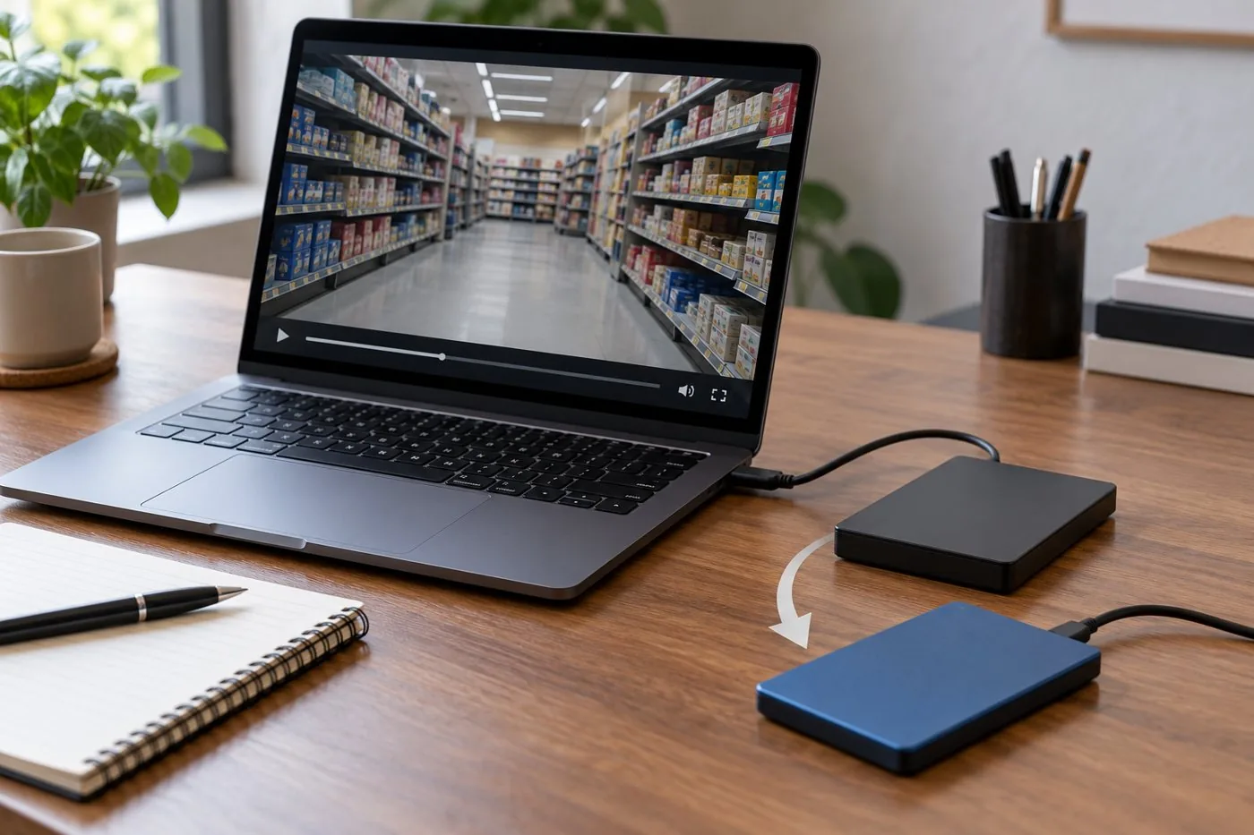 Laptop displaying an illustrative retail aisle beside two storage drives.