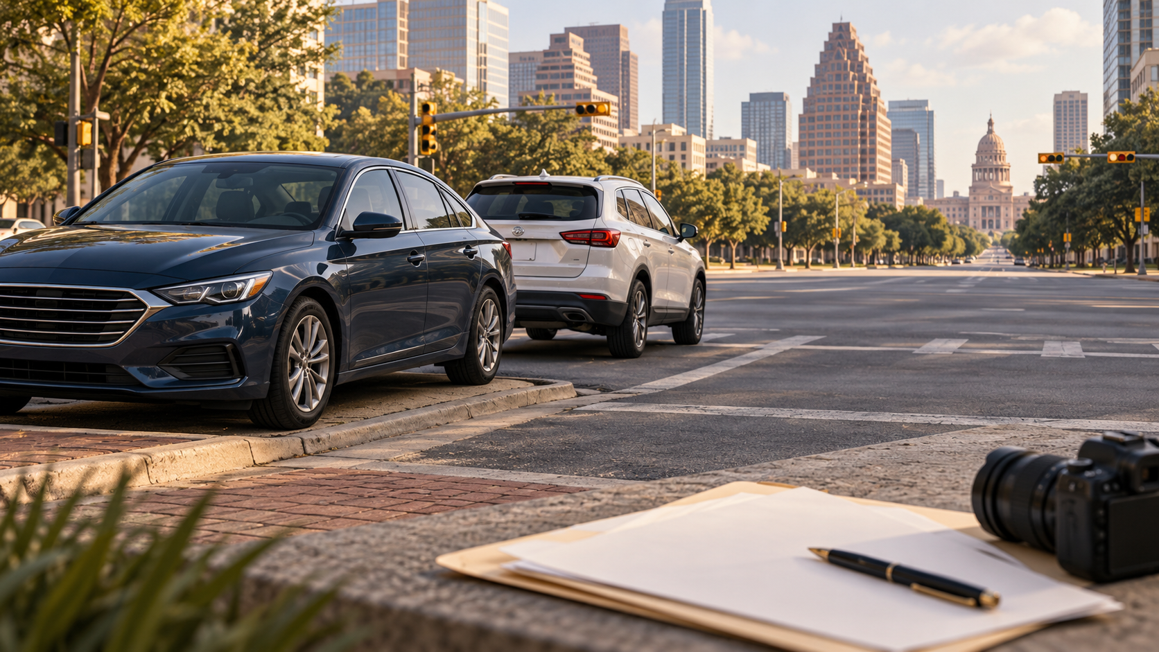 Illustration of two passenger cars beside an urban intersection, with a folder and camera in the foreground.