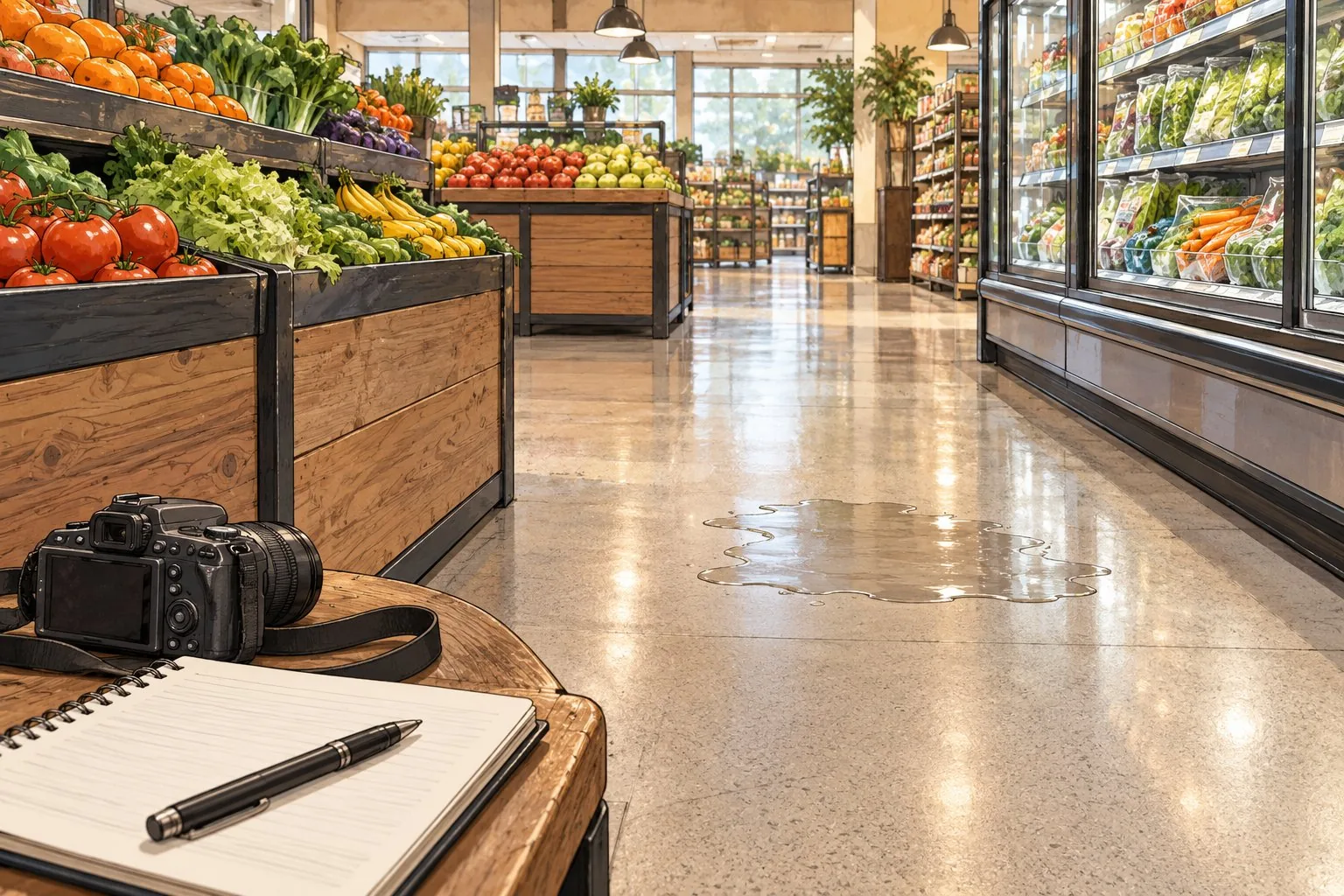 Illustration of a grocery aisle with a floor spill, a camera and an open notebook.