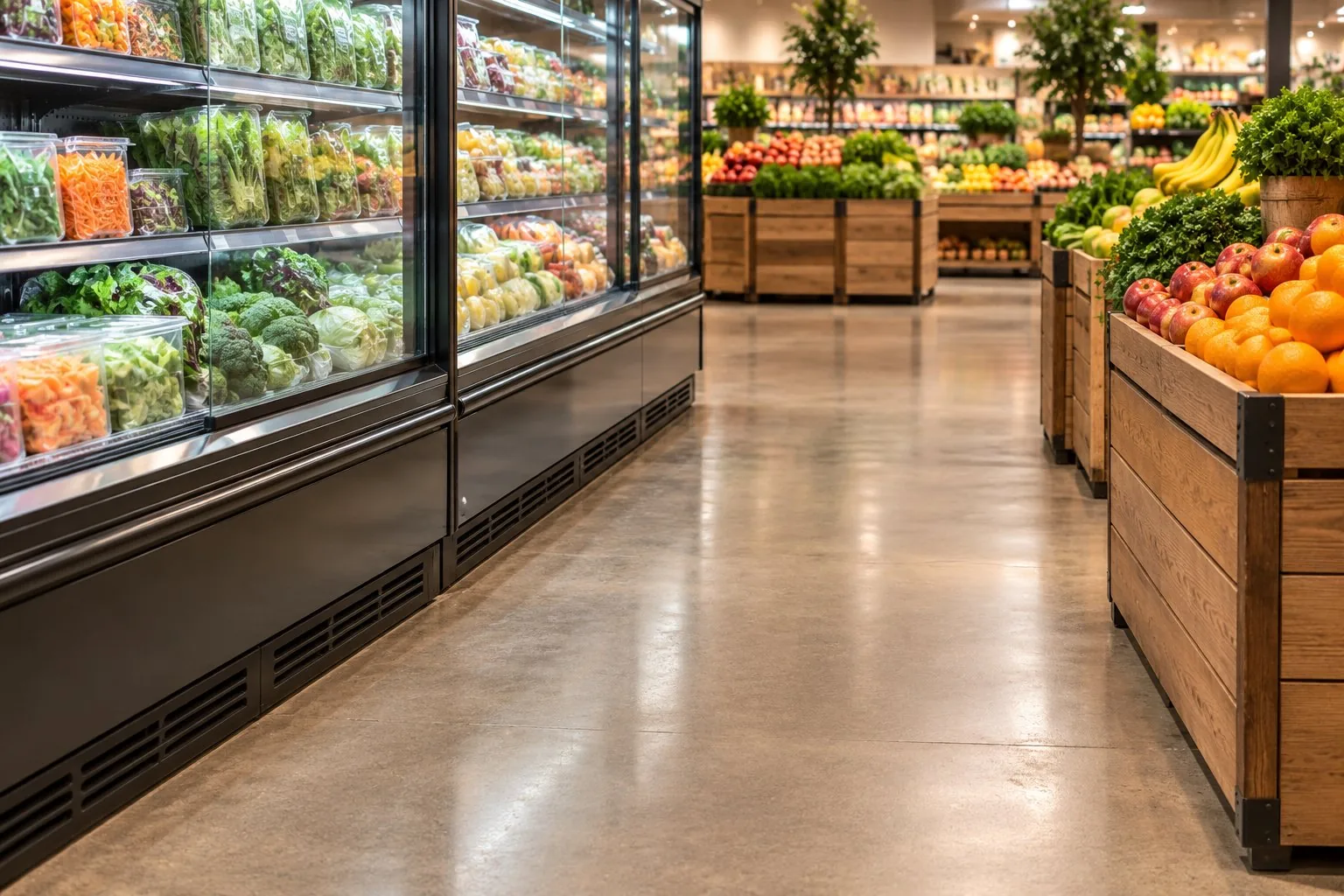 Illustration of a clear grocery aisle between a refrigerated case and produce displays.