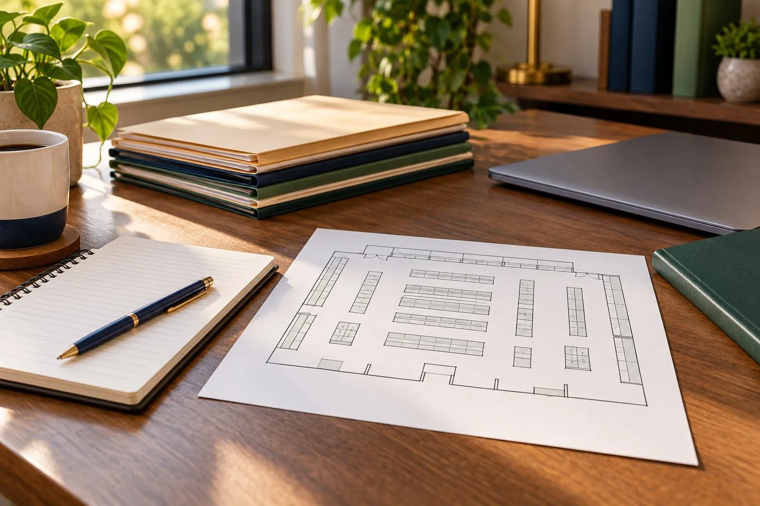Illustration of plain case folders, a notebook and a closed laptop beside an unlabeled grocery floor plan.